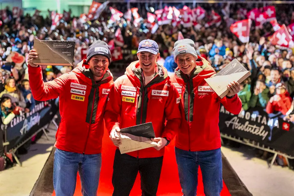 Swiss triple victories make the rest of the world green with envy. <strong>February 22, 2025:</strong> Franjo von Allmen (center) wins the downhill in Crans-Montana ahead of Marco Odermatt (right) and Alexis Monney.