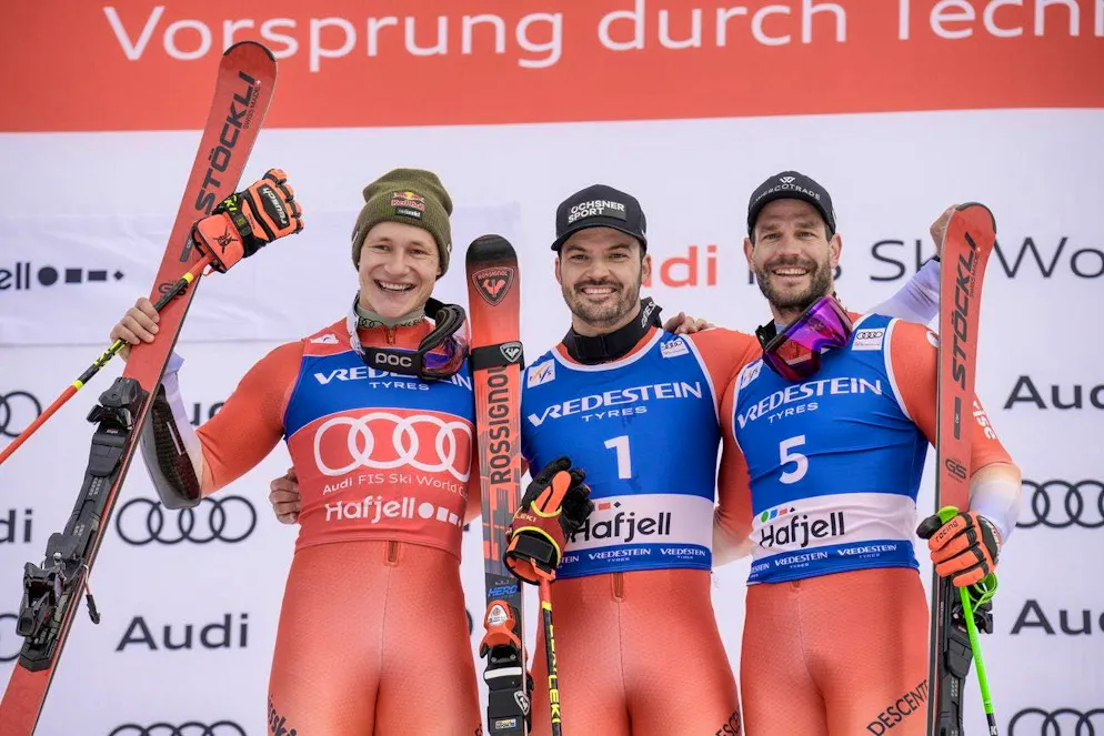 Swiss triple victories make the rest of the world green with envy. <strong>March 15, 2025:</strong> Loïc Meillad (center) wins the giant slalom in Hafjell ahead of Marco Odermatt and Thomas Tumler.