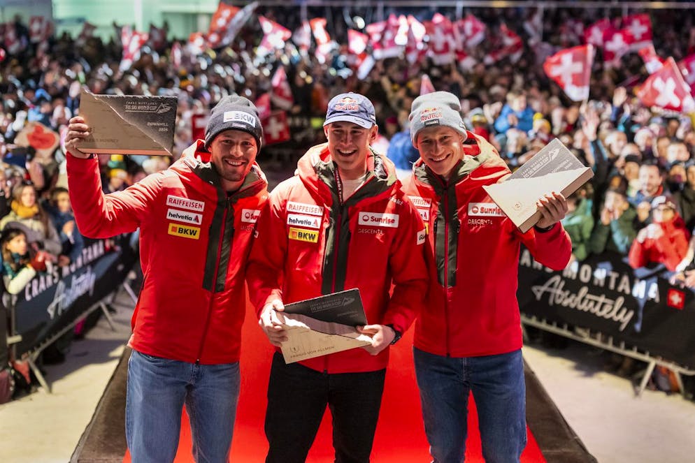 Schweizer Dreifachsiege lassen den Rest der Welt vor Neid erblasen. <strong>22. Februar 2025:</strong> Franjo von Allmen (mitte) gewinnt die Abfahrt in Crans-Montana vor Marco Odermatt (rechts) und Alexis Monney.