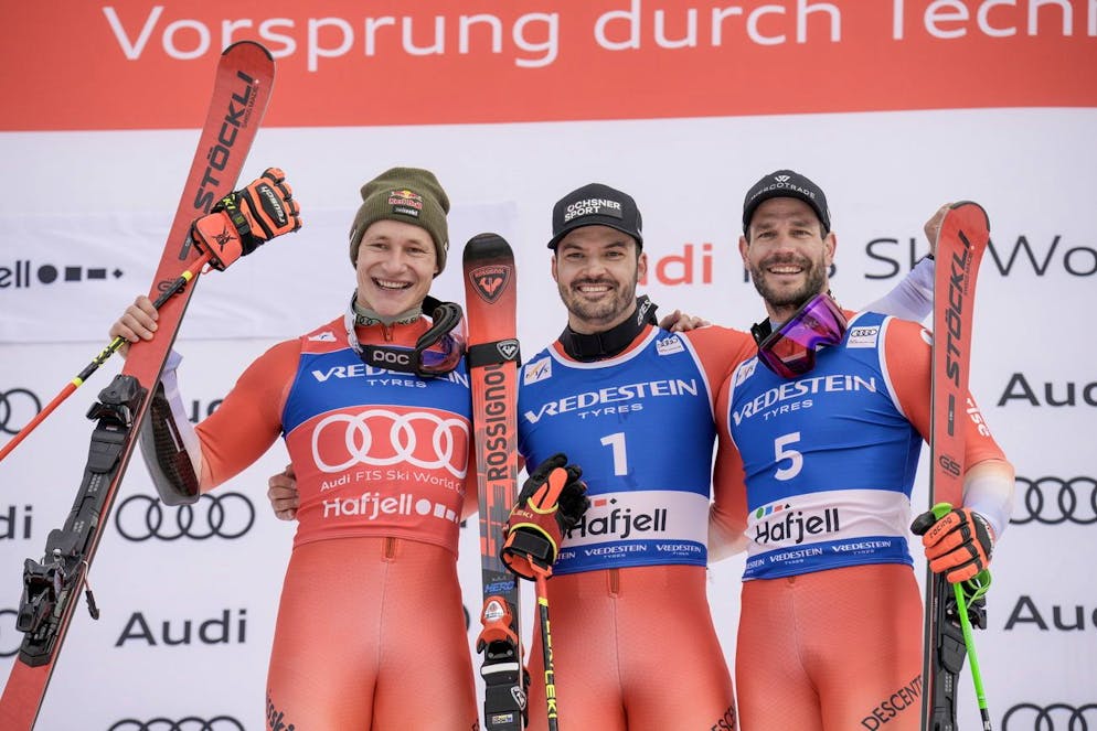 Schweizer Dreifachsiege lassen den Rest der Welt vor Neid erblasen. <strong>15. März 2025:</strong> Loïc Meillad (mitte) gewinnt den Riesenslalom in Hafjell vor Marco Odermatt und Thomas Tumler.