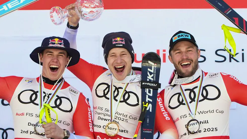 Teil der Schweizer Dominanz: Franjo von Allmen, Marco Odermatt und Alexis Monney (v.l.nr.).