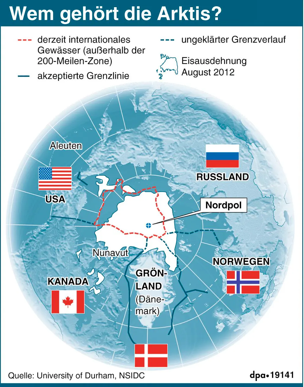 Fünf Anrainerstaaten streiten sich um das etwa 26 Millionen Quadratkilometer grosse Gebiet. Kanada zog bereits in den 1920er Jahren seine Grenzen bis an den Nordpol. Danach beanspruchten die Sowjetunion, die USA (Alaska), Dänemark (Grönland) und Norwegen (Spitzbergen) ein solches "Tortenstück" von ihren Küsten bis zum Pol.