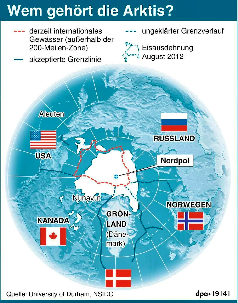 Five littoral states are fighting over the approximately 26 million square kilometers of land. Canada drew its borders to the North Pole back in the 1920s. After that, the Soviet Union, the USA (Alaska), Denmark (Greenland) and Norway (Svalbard) laid claim to such a "slice of pie" from their coasts to the Pole.