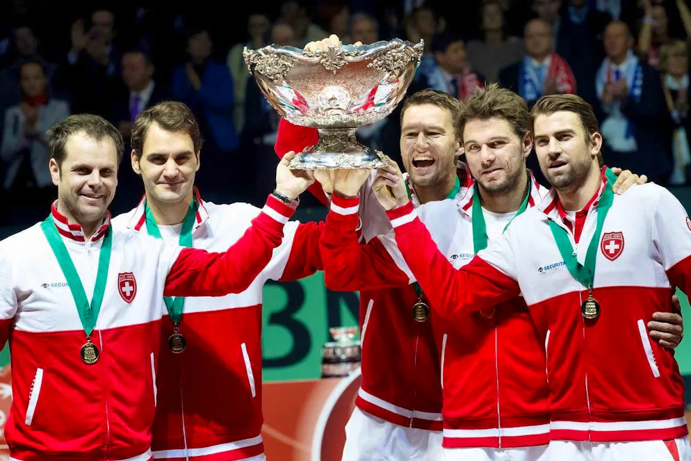 The Swiss team celebrates the 2014 Davis Cup triumph.