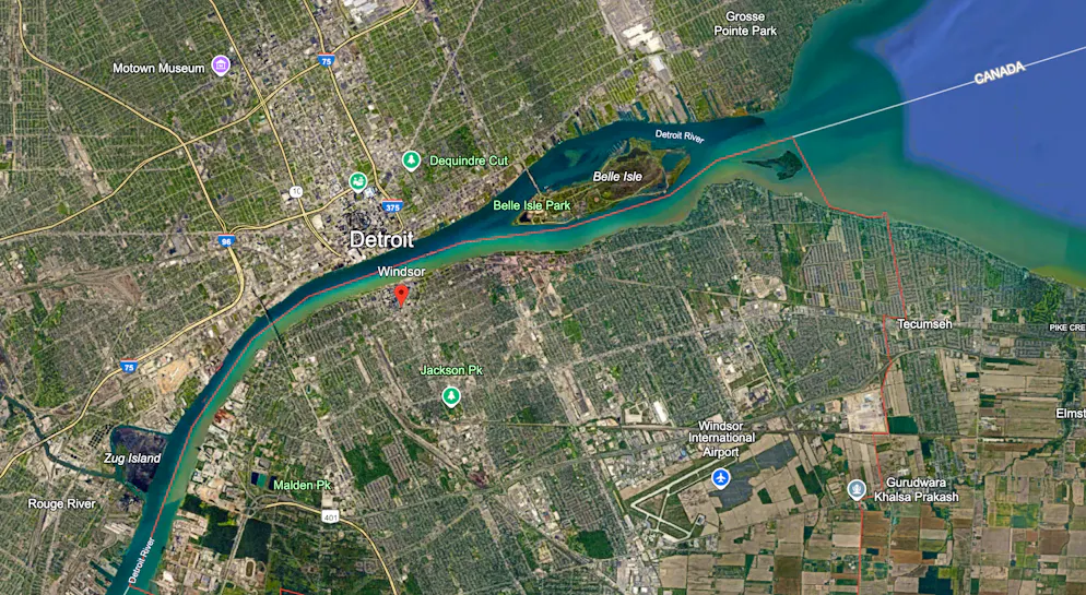 Das kanadische Windsor (rot markiert), Ontario,  liegt gleich neben Detroit, Michigan.