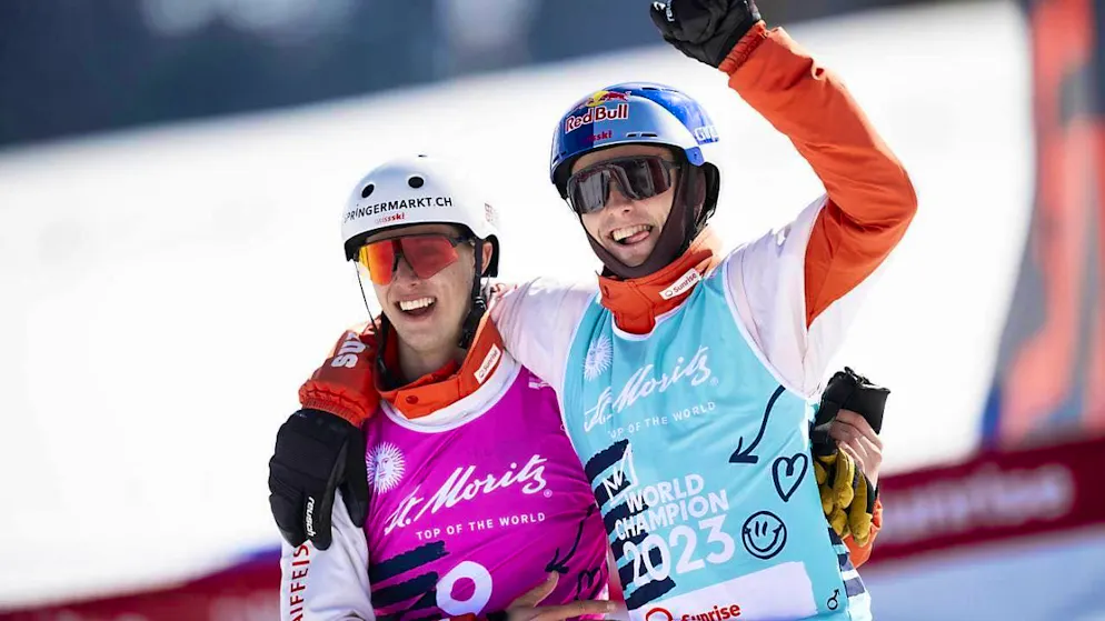 Noé Roth and Pirmin Werner celebrate together from the World Championship podium - Gallery. Gold and bronze: Noé Roth (right) and Pirmin Werner celebrate
