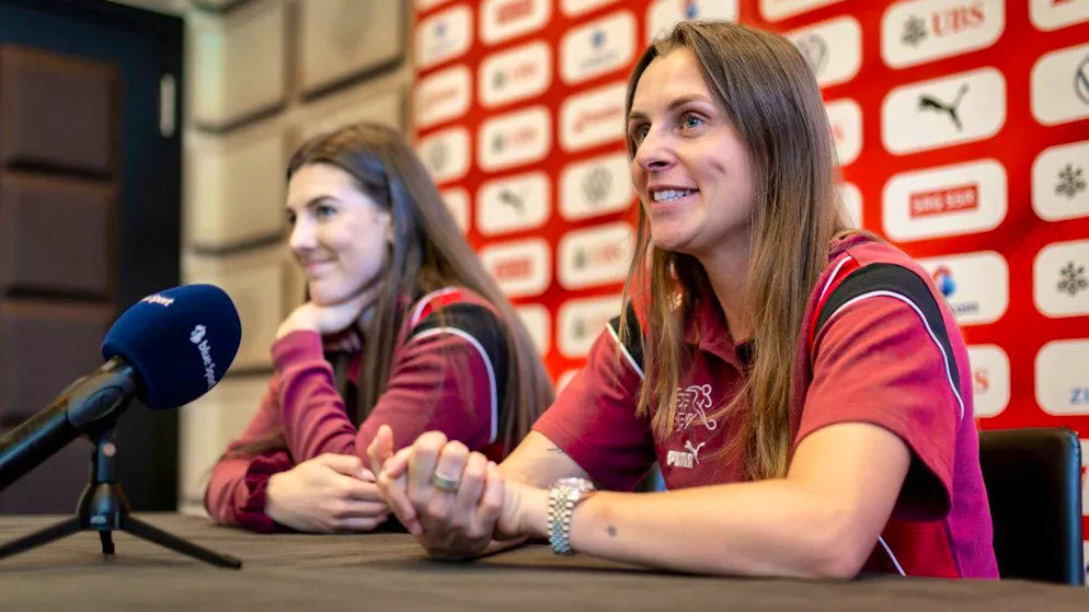 Noelle Maritz (right) and Seraina Piubel answer questions from the media.