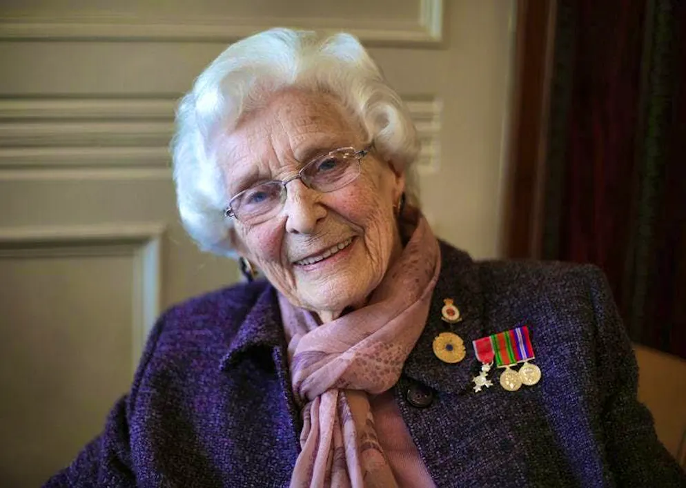 Bletchley Park veteran Charlotte "Betty" Webb during the opening of the exhibition "Off Duty: High Spirits in Low Times" at Bletchley Park in Milton Keynes.