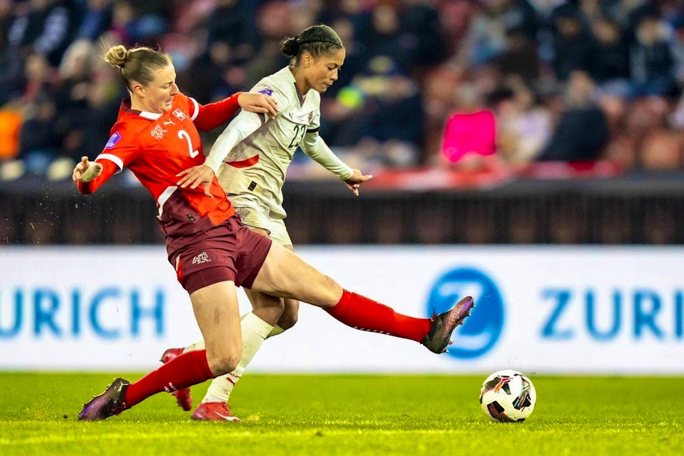 Julia Stierli stops Iceland's Sveindis Jonsdottir.