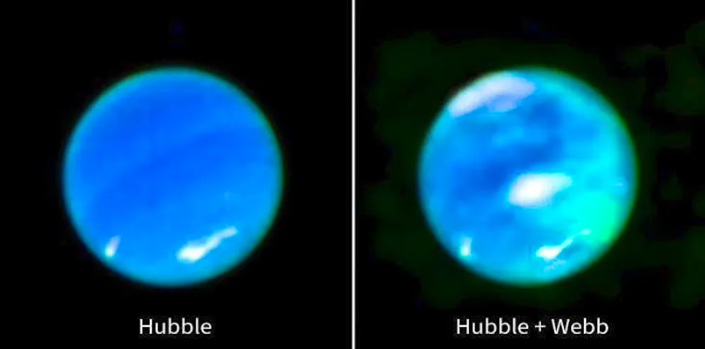 The Webb telescope's NIRSpec infrared spectrograph captured detailed images of these phenomena, visible as bright, cyan-colored spots (right).