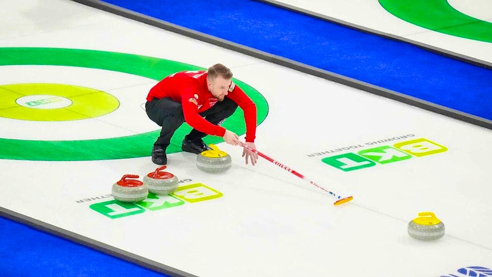 Skip Yannick Schwaller is with Switzerland in the World Championship final against Scotland