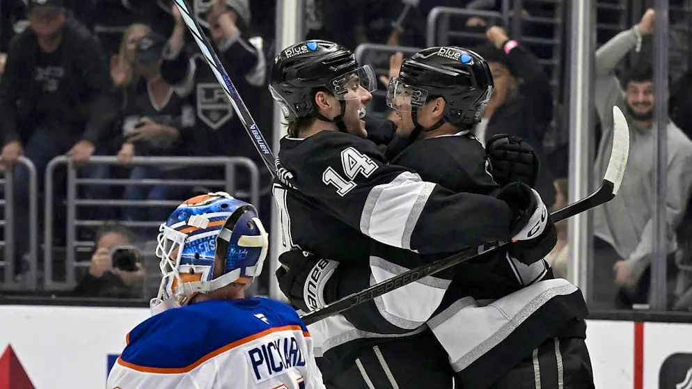Kevin Fiala celebrates his goal against the Edmonton Oilers