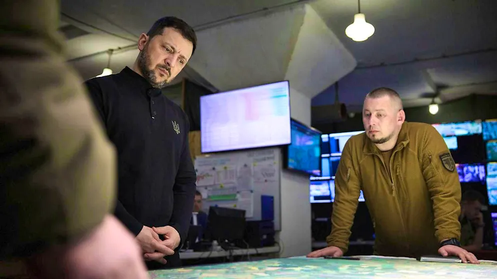 ARCHIVE - Ukrainian President Volodymyr Zelenskyi (l) is accompanied by the commander of the 82nd Airborne Brigade Volodymyr Hutsul during a visit to the front in the Kursk region. Photo: Ukraine Presidency/Ukrainian Pre/Planet Pix via ZUMA Press Wire/dpa/archived image