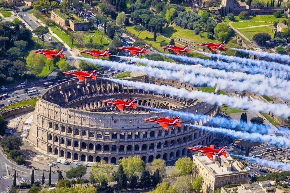 King Charles and Camilla: 20th wedding anniversary. The Kingdom's Royal Air Force Aerobatic Team flew over the Roman landmark for the high-ranking visit.