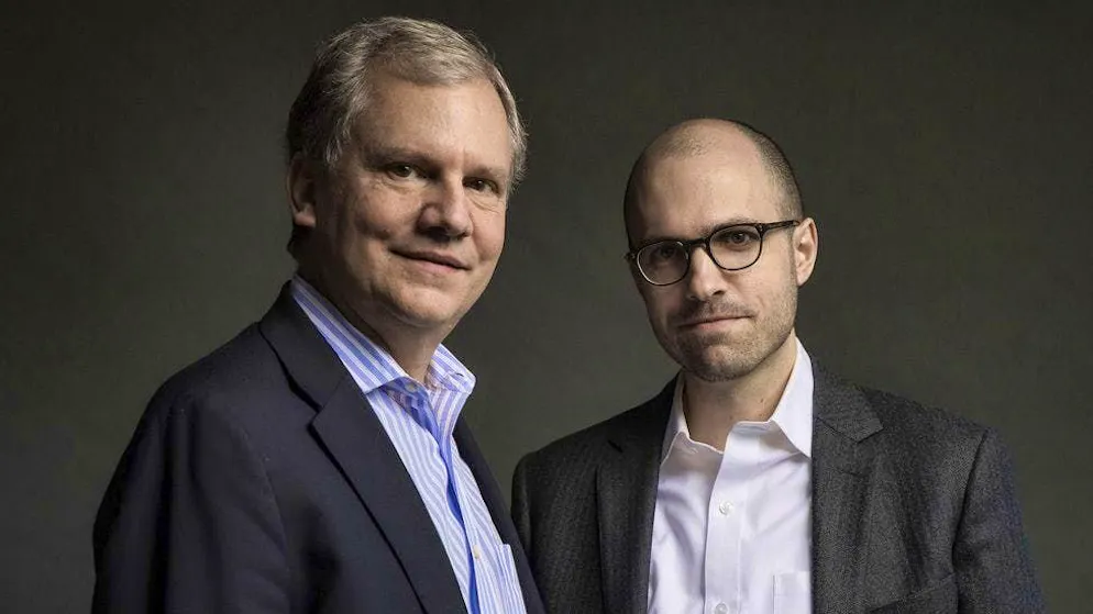 Arthur Gregg Sulzberger (right) has taken over as publisher of the New York Times from his father Arthur Ochs Sulzberger Jr. (left).