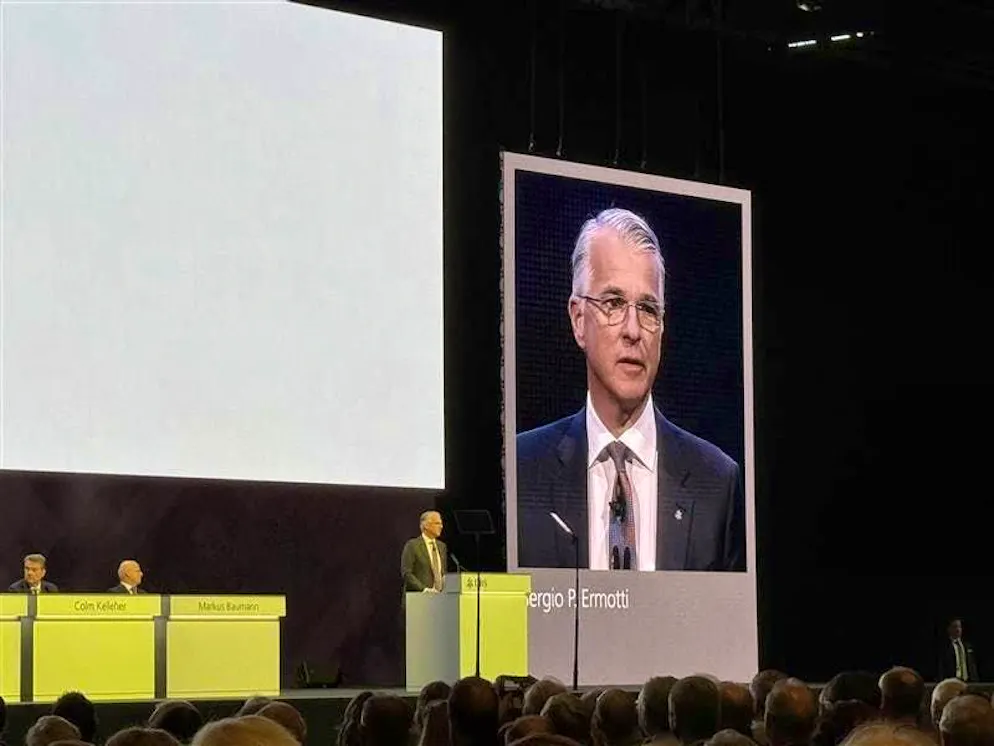 Sergio Ermotti addresses the UBS Annual General Meeting on Thursday.