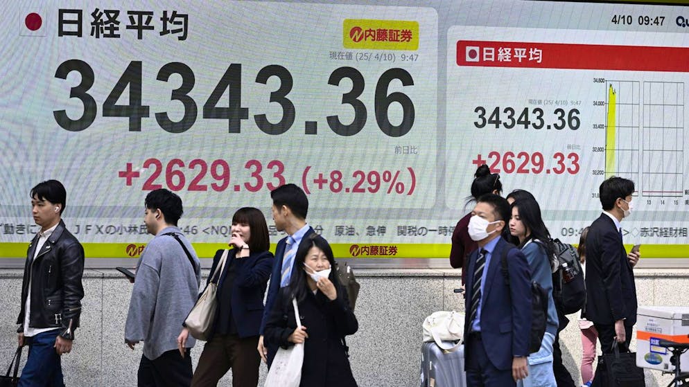Auf einer Anzeige in Tokio ist am Donnerstag zu sehen, dass der Nikkei-Index stark anzieht. Anders als im Westen stehen an der japanischen Börse rote Zahlen für Gewinne, grüne für Kursverluste.