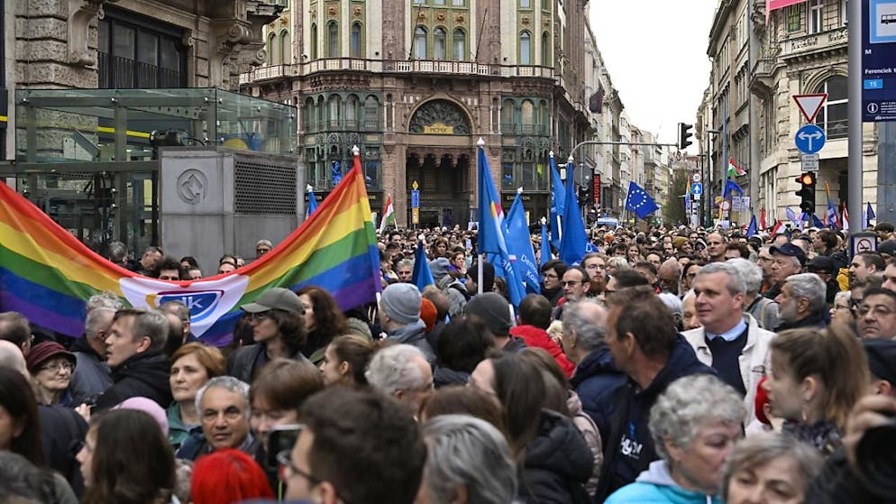 Des manifestants brandissent des drapeaux de l'UE et des drapeaux arc-en-ciel pour protester contre l'amendement de la loi sur le rassemblement, qui interdit également les parades de la fierté. C'était il y a trois semaines dans le centre de Budapest.
