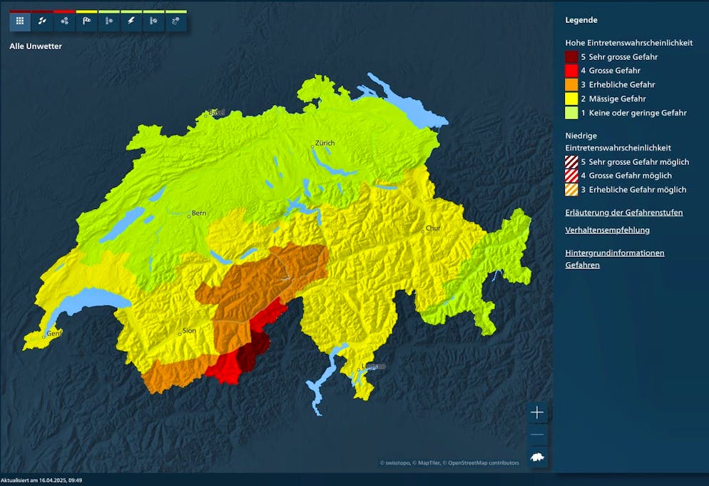 There may be heavy rain showers on Thursday and Friday, especially in the Valais and Ticino regions.