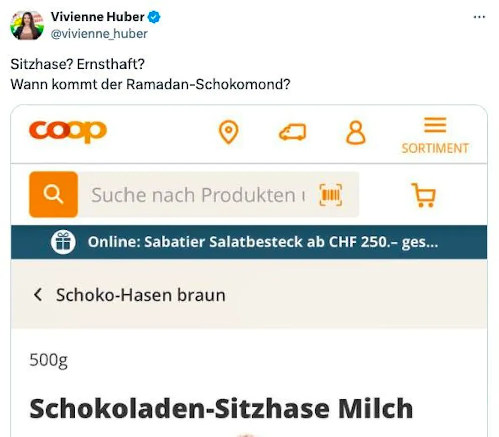 Vivienne Huber (SVP) on X: "Sitting bunny? Seriously, when is the Ramadan chocolate moon coming?"