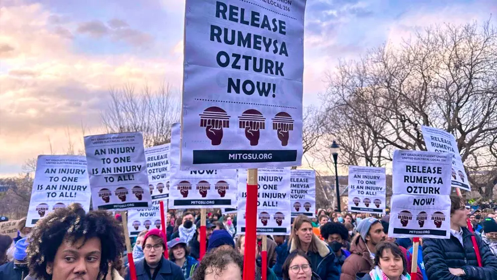 ARCHIVE - Hundreds of people rally in Somerville, Massachusetts, to demand the release of a Turkish student from Tufts University who was arrested by US federal agents on Tuesday night. The detainee is a 30-year-old graduate student. Photo: Michael Casey/AP/dpa