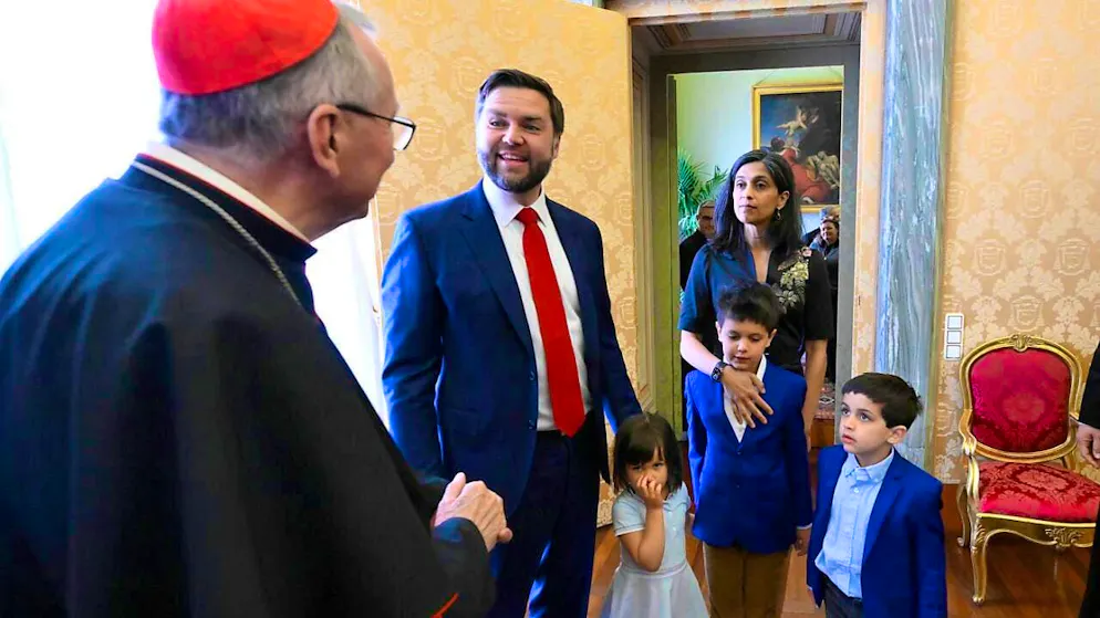 Vatican Secretary of State Cardinal Pietro Parolin receives US Vice President JD Vance and his family. Photo: Handout/Vatican Media/AP/dpa - ATTENTION: For editorial use in connection with reporting only and only with full credit to the above