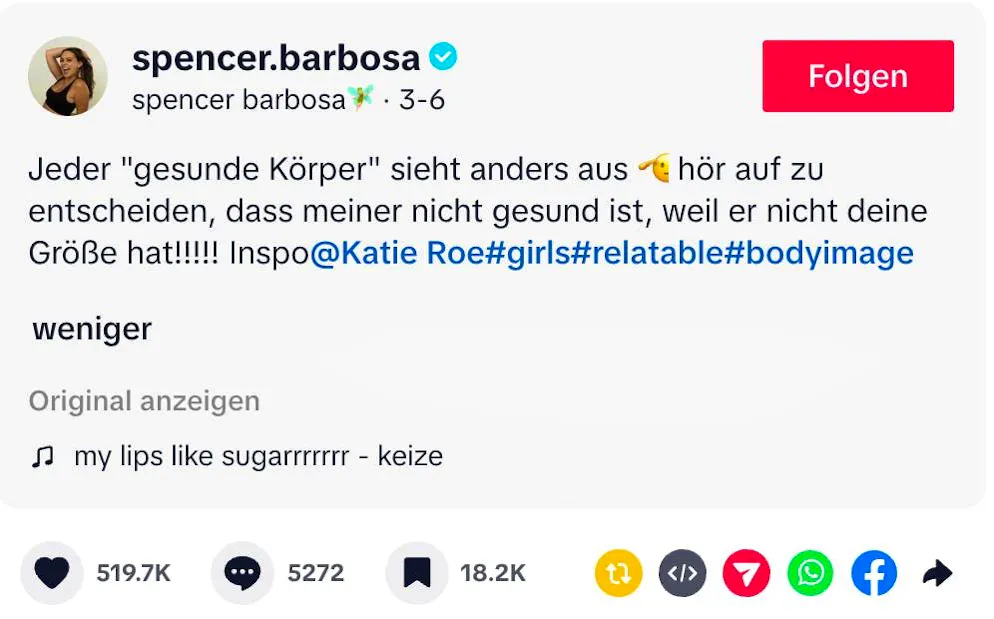 Influencer writes under her video about body positivity.