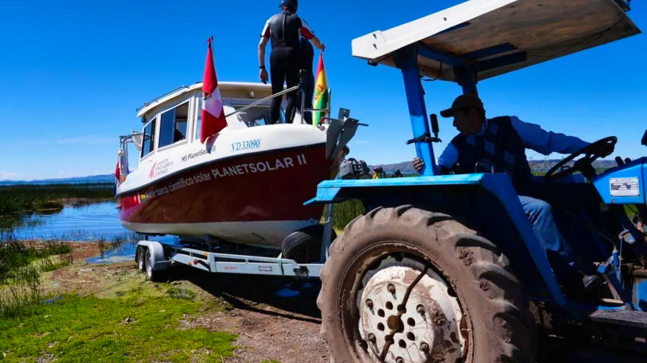 Ecology. Swiss solar boat Planet Solar II in Lake Titicaca in Peru