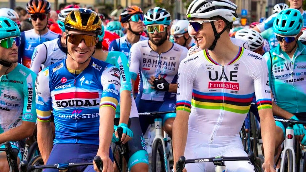 Remco Evenepoel (left in the golden helmet) and world champion Tadej Pogacar are also likely to take center stage at Liège-Bastogne-Liège