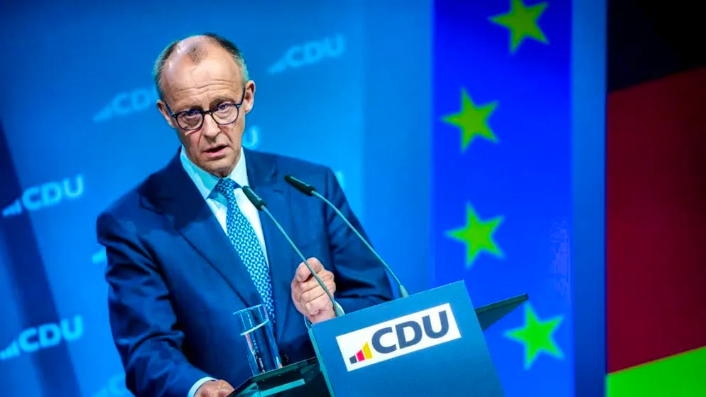 Friedrich Merz, CDU candidate for chancellor and CDU federal chairman, speaks at the CDU federal committee. The CDU's small party conference is to approve a coalition agreement between the CDU/CSU and the SPD to form a federal government and present the future ministers. Photo: Kay Nietfeld/dpa