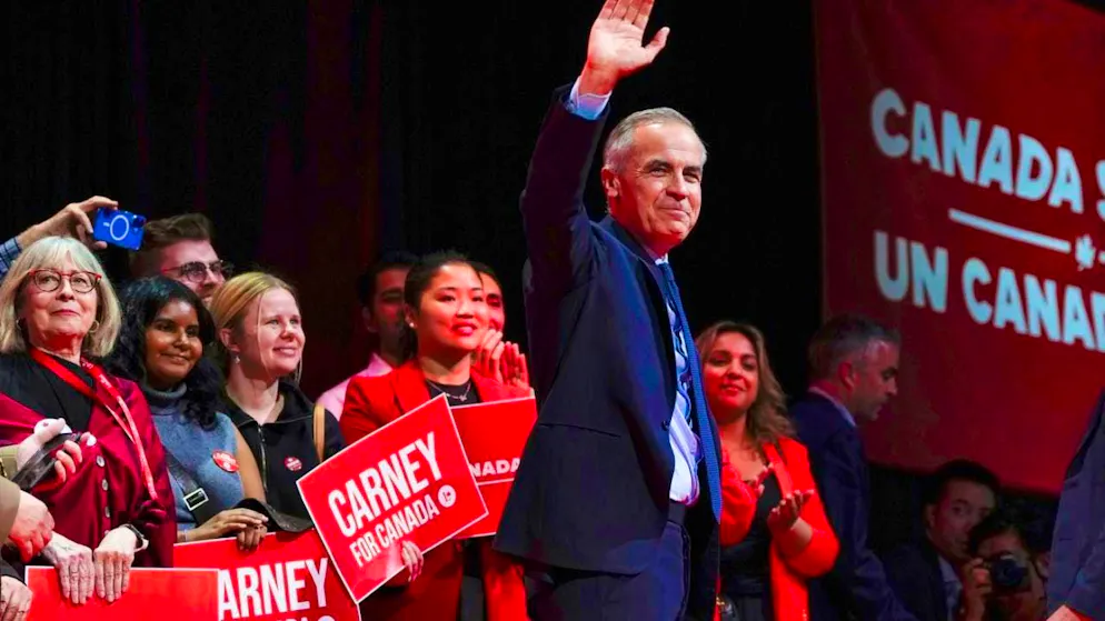 Canadian Prime Minister Mark Carney waves after his speech at his campaign headquarters after the Liberal Party won the Canadian election in Ottawa. Photo: Justin Tang/The Canadian Press/AP/dpa