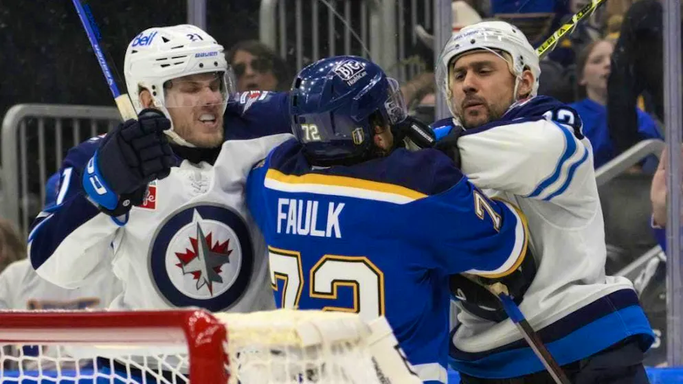 Nino Niederreiter takes a loss against St. Louis.