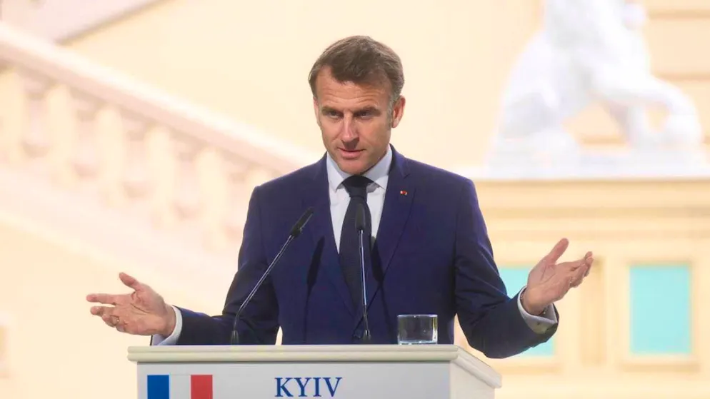 French President Emmanuel Macron speaks during a press conference after the meeting of the "Coalition of the Willing" in the Mariinsky Palace. Photo: Vitalii Nosach/AP/dpa
