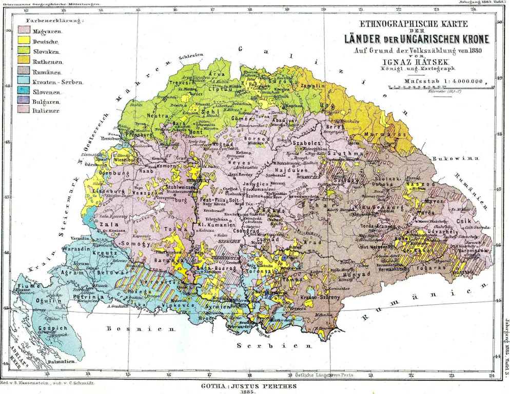 Ethnographic map of the Kingdom of Hungary from 1885, based on a census from 1880: Ruthenians (orange) in the northwest belong to Ruthenia, which is a historical landscape in present-day Belarus and Ukraine.