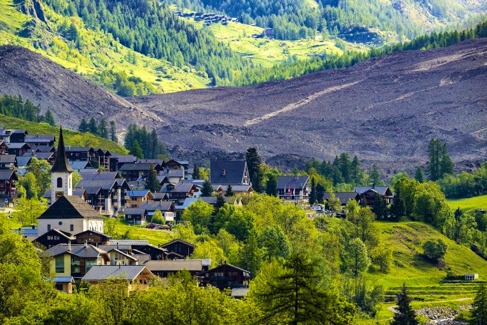View from the municipality of Kippel of the glacier debris that buried Blatten.