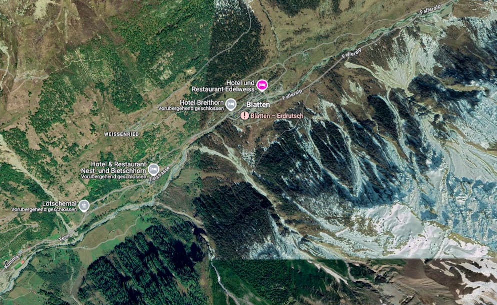 Vorher vs. Nachher Vergleich Blatten VS. Eine Perspektive von Oben zeigt das Ausmass.