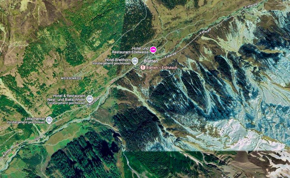 Before vs. after comparison Blatten VS. A perspective from above shows the extent.