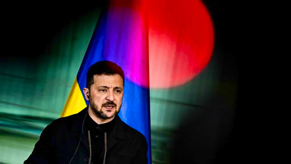 Volodymyr Zelenskyi, President of Ukraine, speaks at a press conference after their talks at the Federal Chancellery. Ukrainian President Zelensky is on a one-day visit to the German capital. ) Photo: Fabian Sommer/dpa