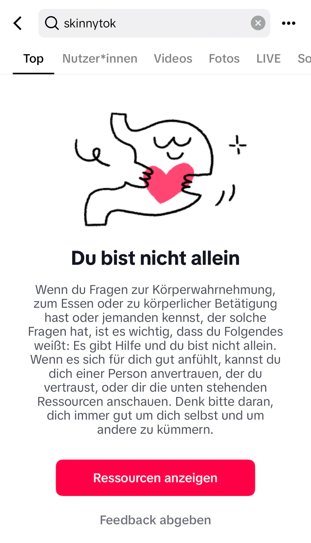 Sucht man auf TikTok nach «SkinnyTok», erhält man diesen Hinweis.