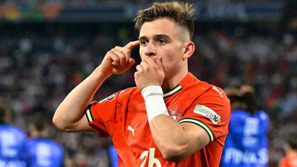 Portugal's Francisco Conceição celebrates after scoring to make it 1-1.