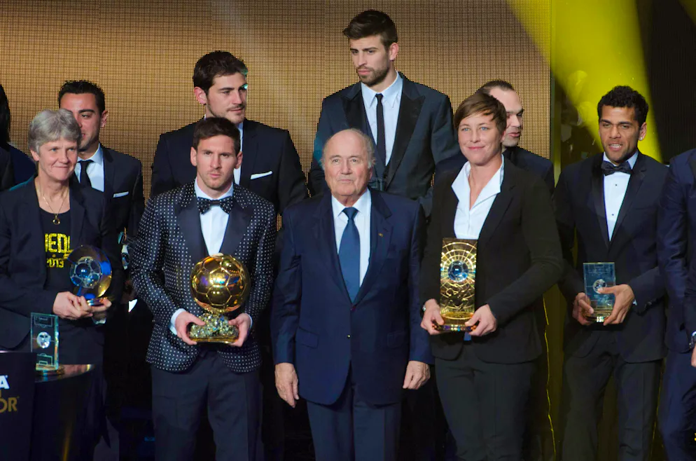 Snapshots from Pia Sundhage's great career. <strong>2013:</strong> Pia Sundhage is named the best female coach in the world. To her right: world footballer Lionel Messi, then FIFA President Sepp Blatter and world footballer Abby Wambach.