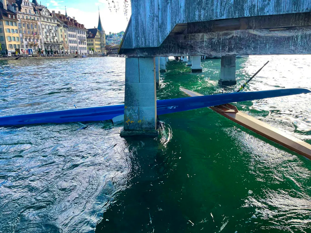 First the boats wedge into each other, then into the supports of the Kappel Bridge