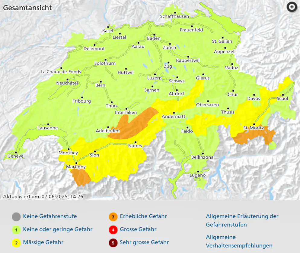 Die aktuelle Naturgefahrensituation in der Schweiz vom 07. Juni 2025.