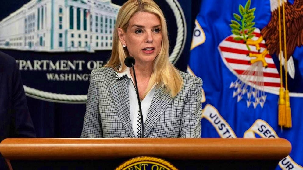 Attorney General Pam Bondi speaks during a press conference about Kilmar Abrego Garcia at the Department of Justice.
