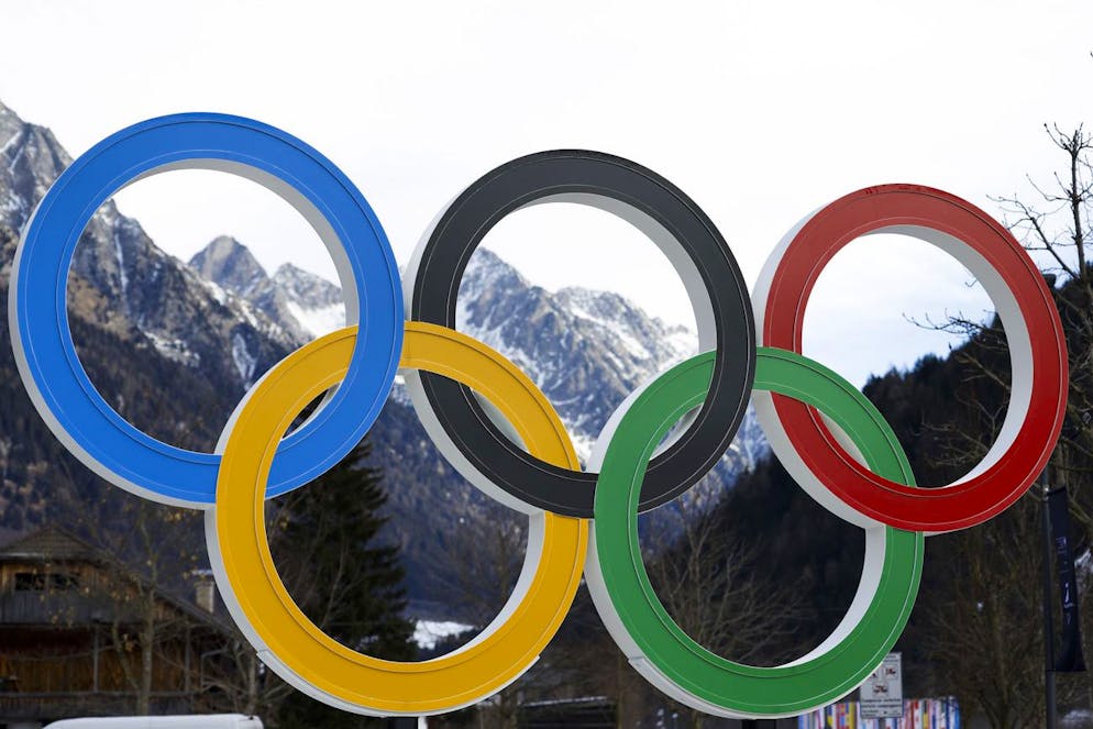 Olympic rings are seen near the village of Anterselva where the biathlon discipline will take place during the Milan Cortina 2026 Winter Olympics, in northern Italy, Saturday, Jan. 25, 2025. (AP Photo/Alessandro Trovati)
