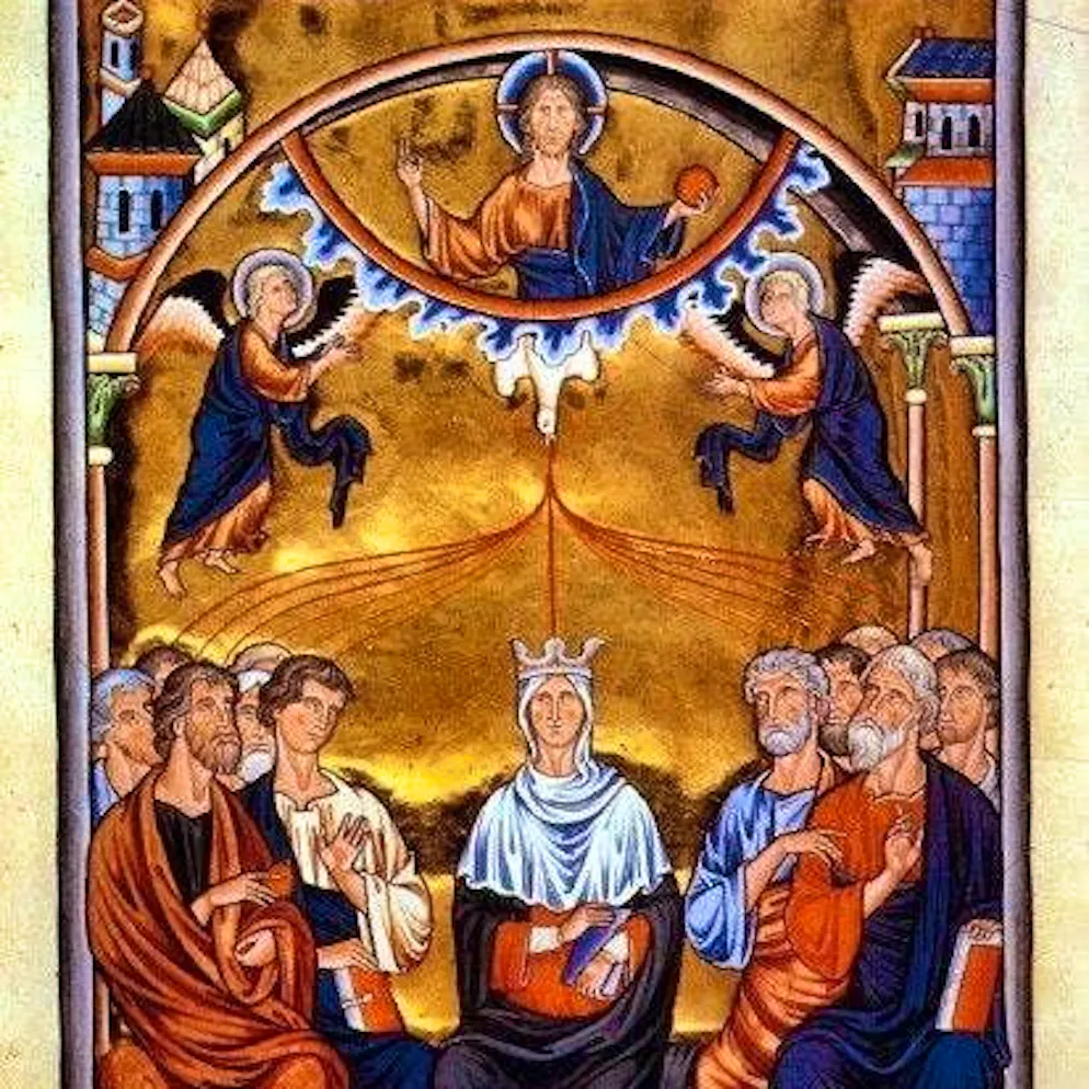 The Ingeborg Psalter (around 1200) shows the descent of the Holy Spirit in the form of a dove onto Mary and the apostles.