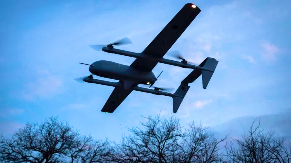 ARCHIVE - A Poseidon H10 medium-range drone of the Ukrainian 22nd Mechanized Brigade flies on the front line near Bakhmut in the Donetsk region. Photo: Efrem Lukatsky/AP/dpa
