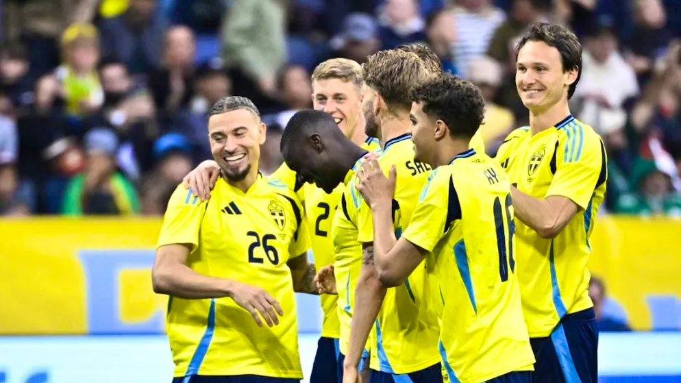 Sweden's Ken Sema is celebrated for his third goal