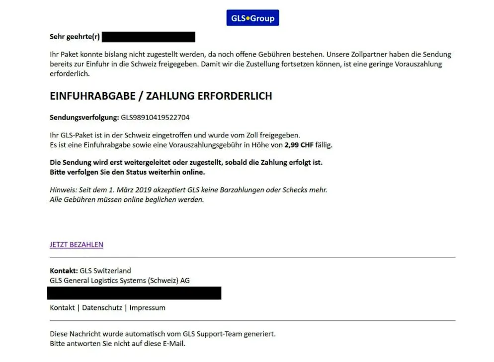 Screenshot of the fraudulent e-mail.