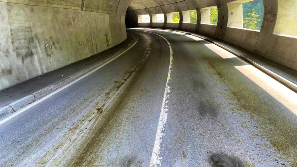 Cow dung on a tunnel roadway on the Lukmanier Pass GR was the undoing of several motorcyclists.